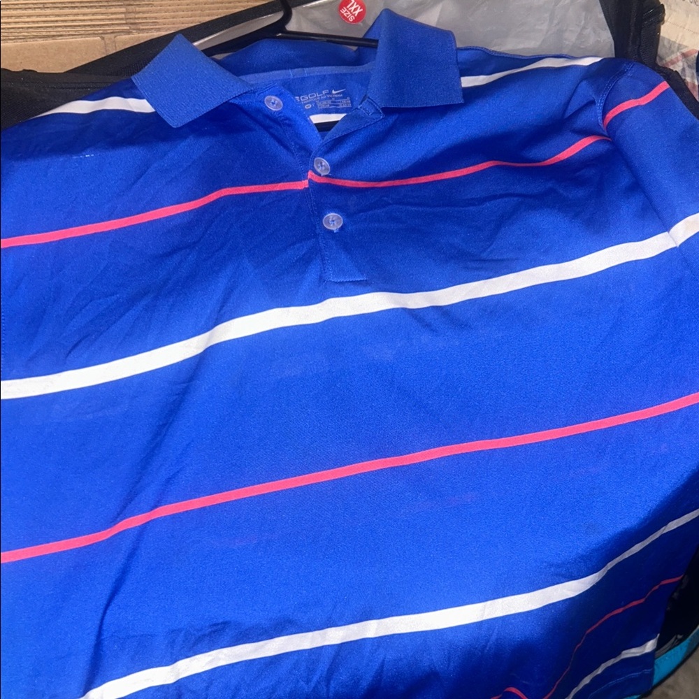 Nike Men's Blue Polo with Red and White Stripes